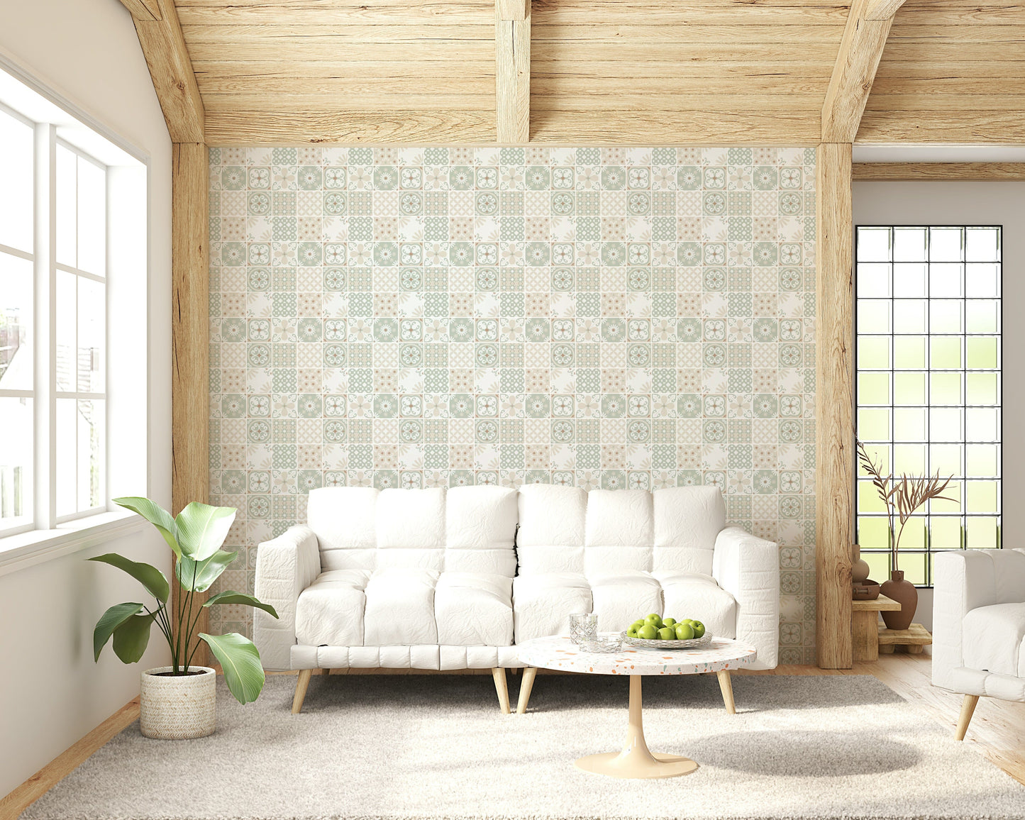 Vintage Folk Tiles ‚Äì Sage Green Wallpaper‚Å†