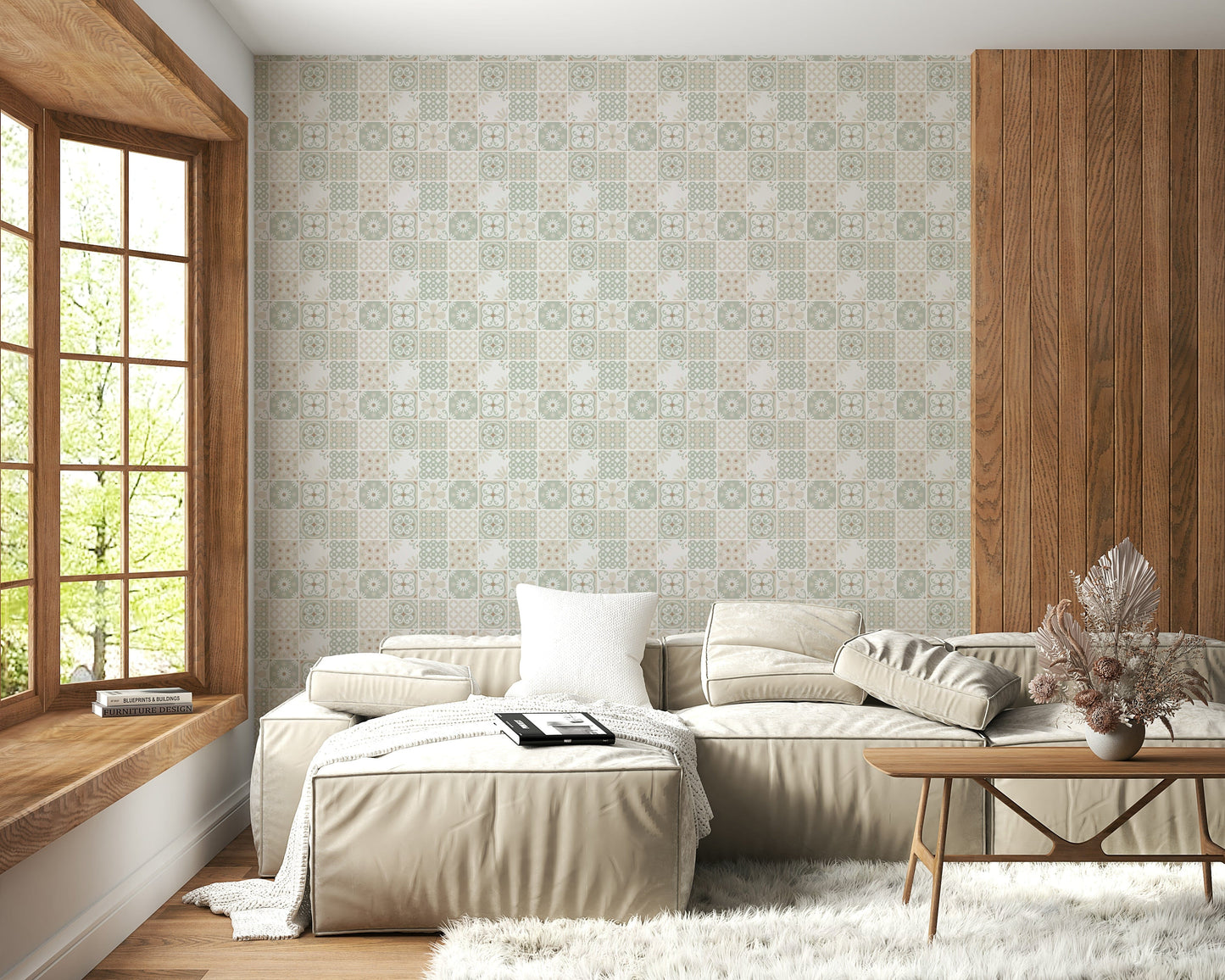 Vintage Folk Tiles ‚Äì Sage Green Wallpaper‚Å†