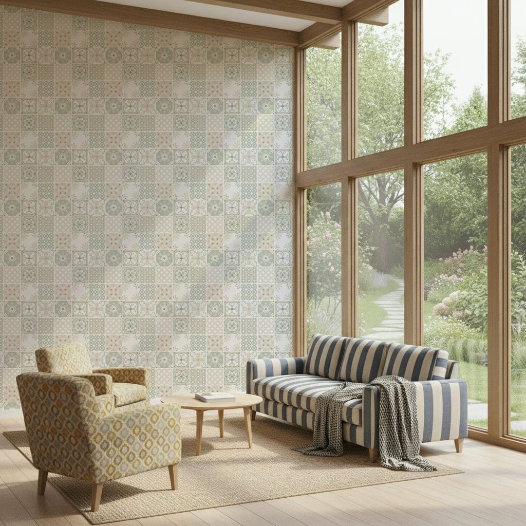 Vintage Folk Tiles ‚Äì Sage Green Wallpaper‚Å†