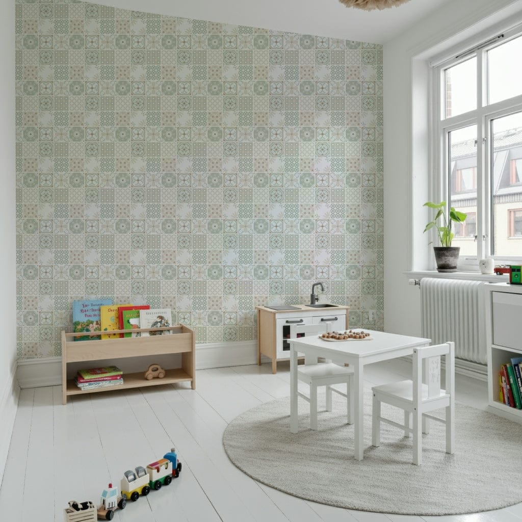 Vintage Folk Tiles ‚Äì Sage Green Wallpaper‚Å†