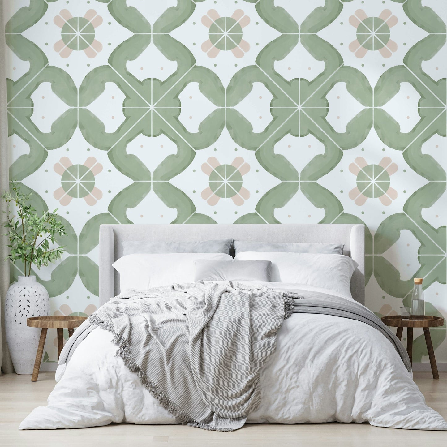 Textured wallpaper with a sage tile design


