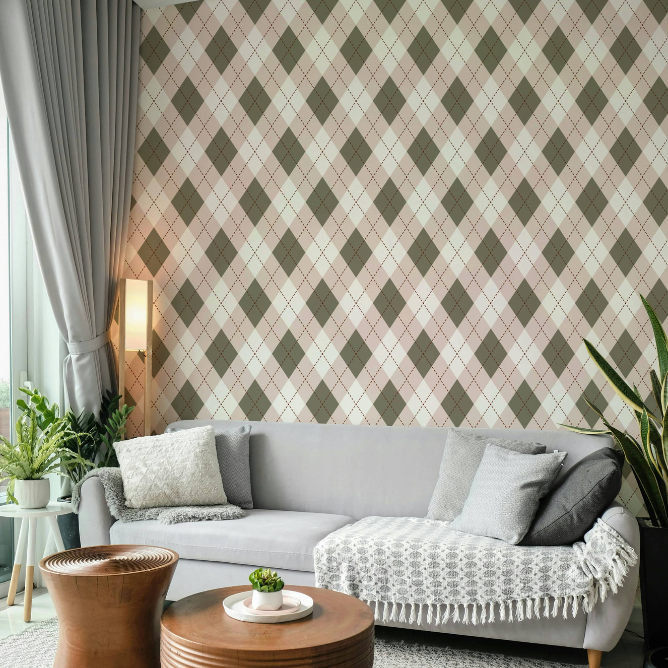 A wallpaper with a classic argyle diamond pattern.
