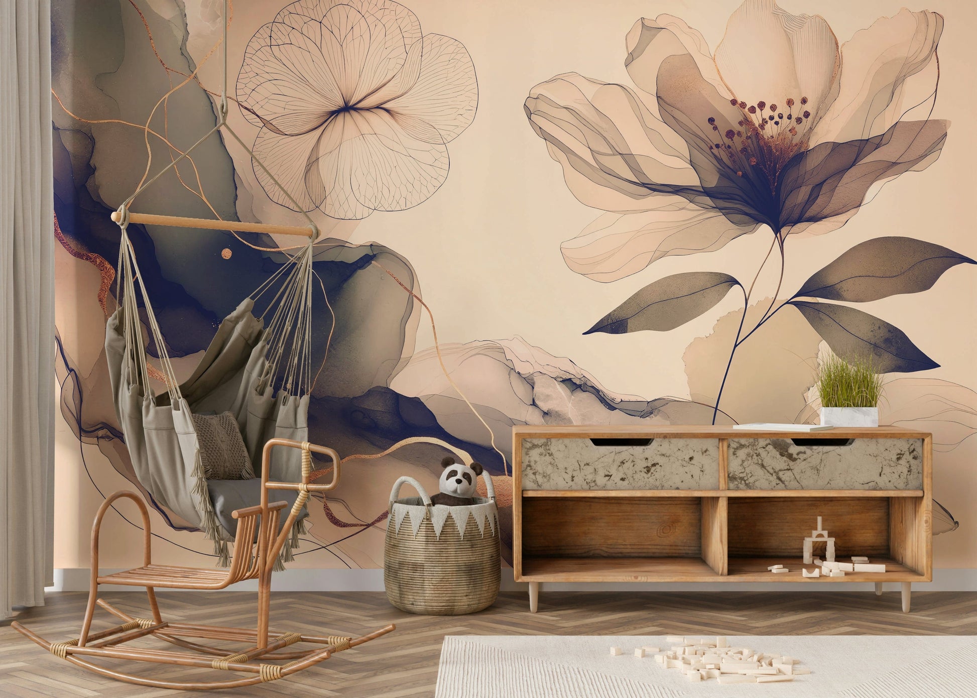 An elegant wall mural with a sage motif.