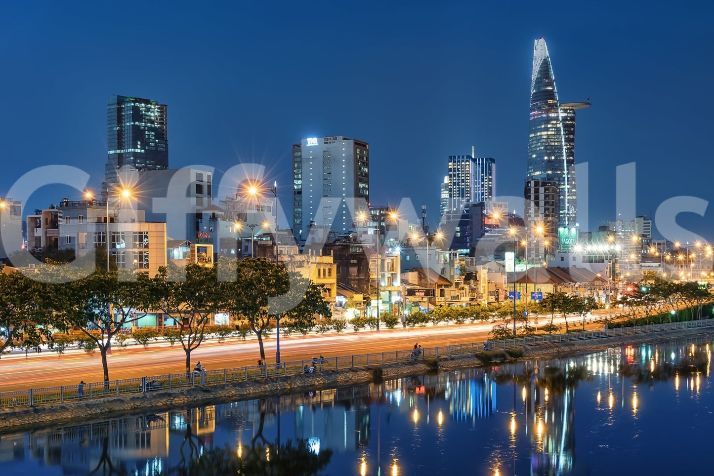 Saigon night skyline wallpaper mural with crisp cityscape detail