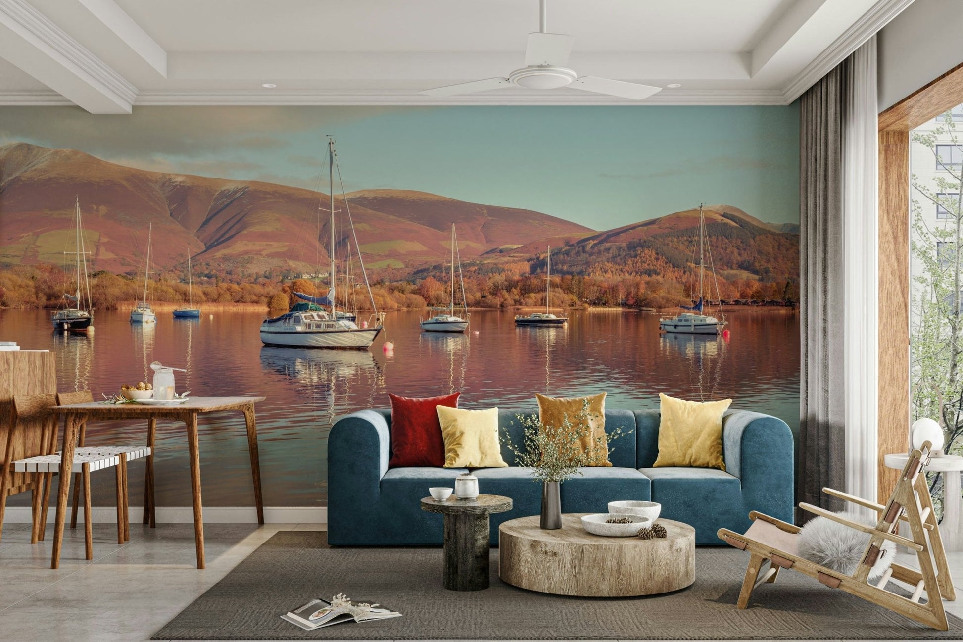 Tranquil lake mural with sailboats in motion

