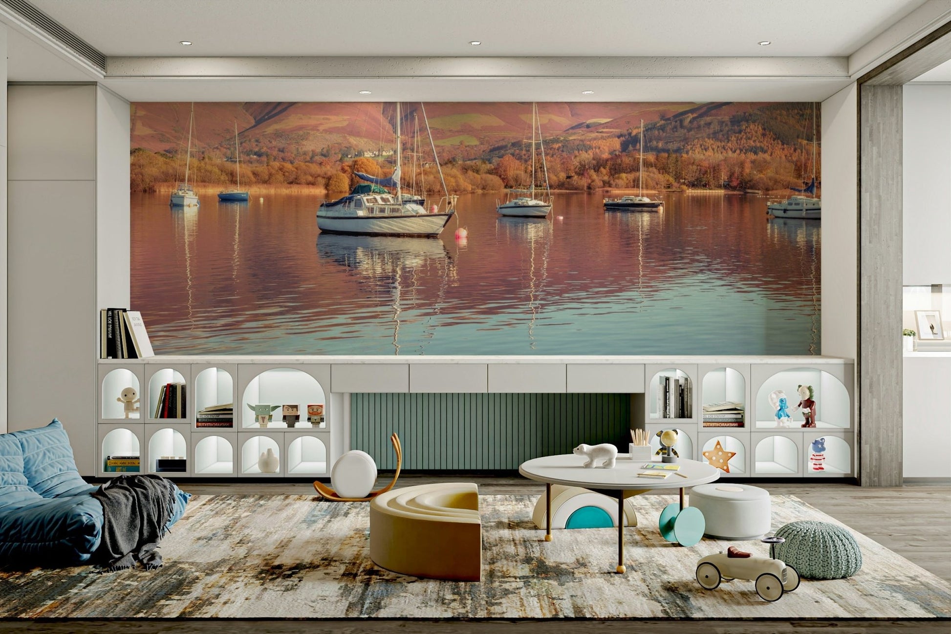 Calm lake and sailing boats wall design

