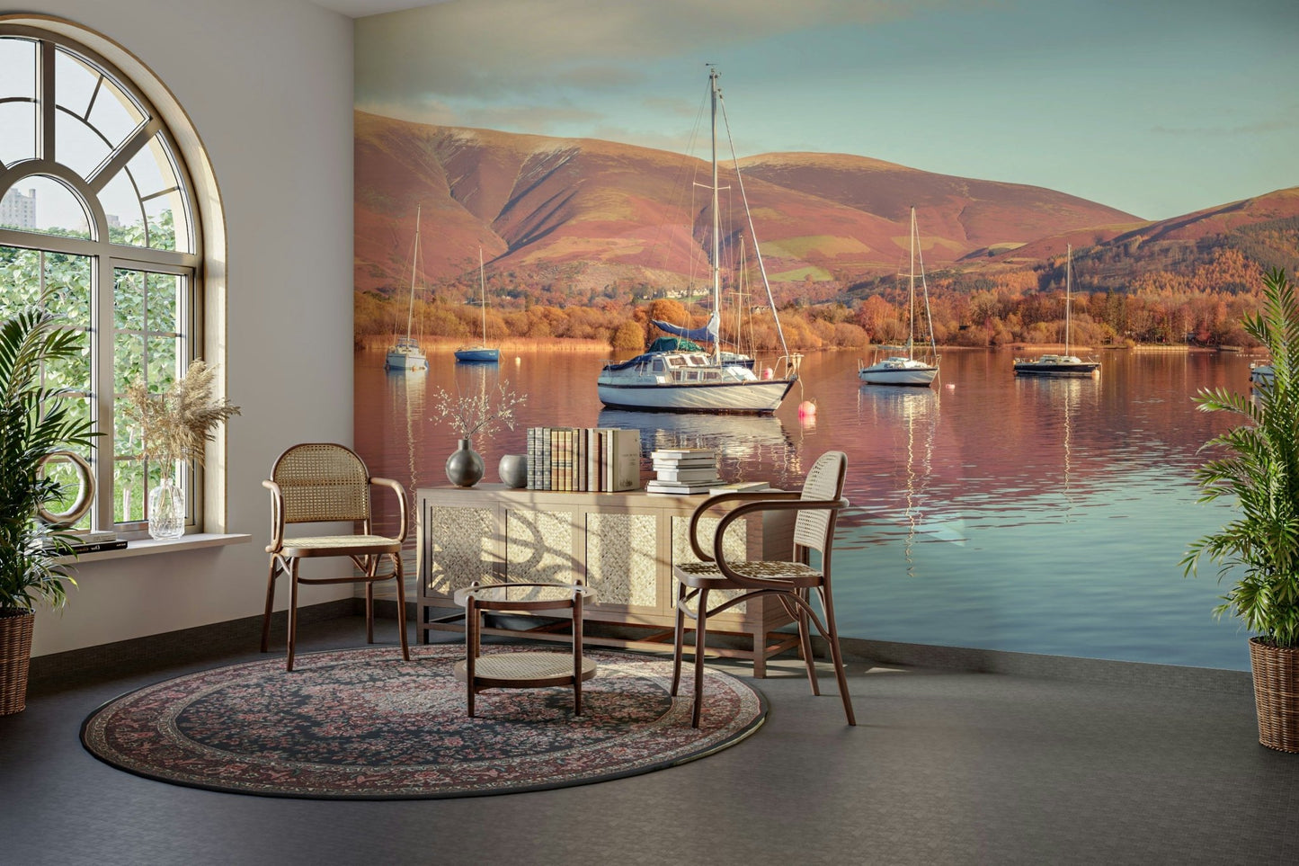 Nautical mural with sailboats and still water

