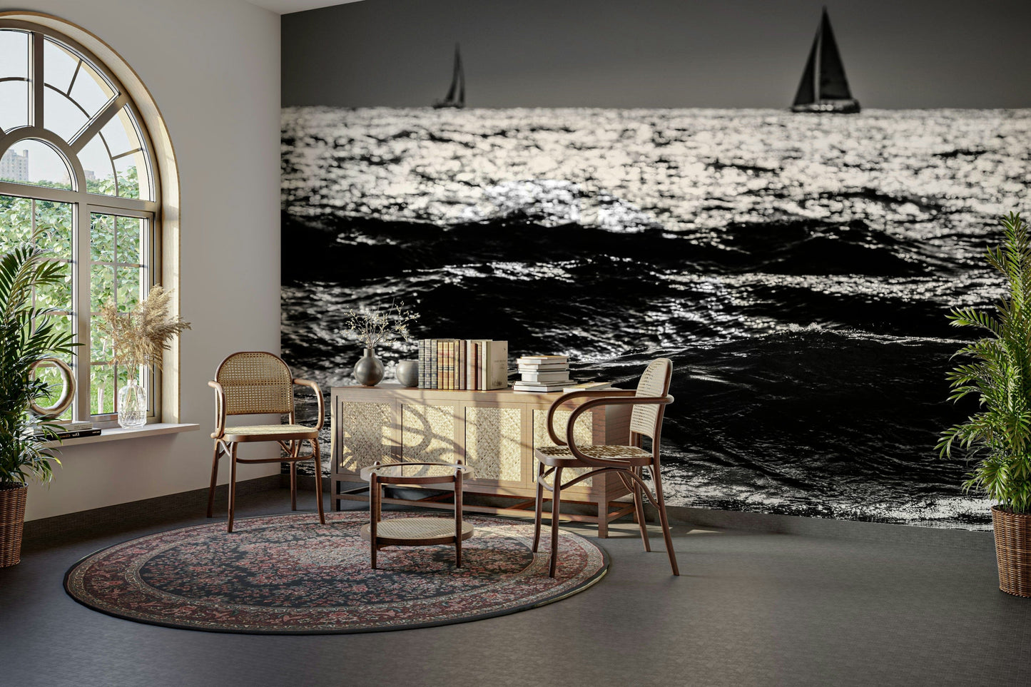 A calming boat sailing wallpaper mural that defines a space.

