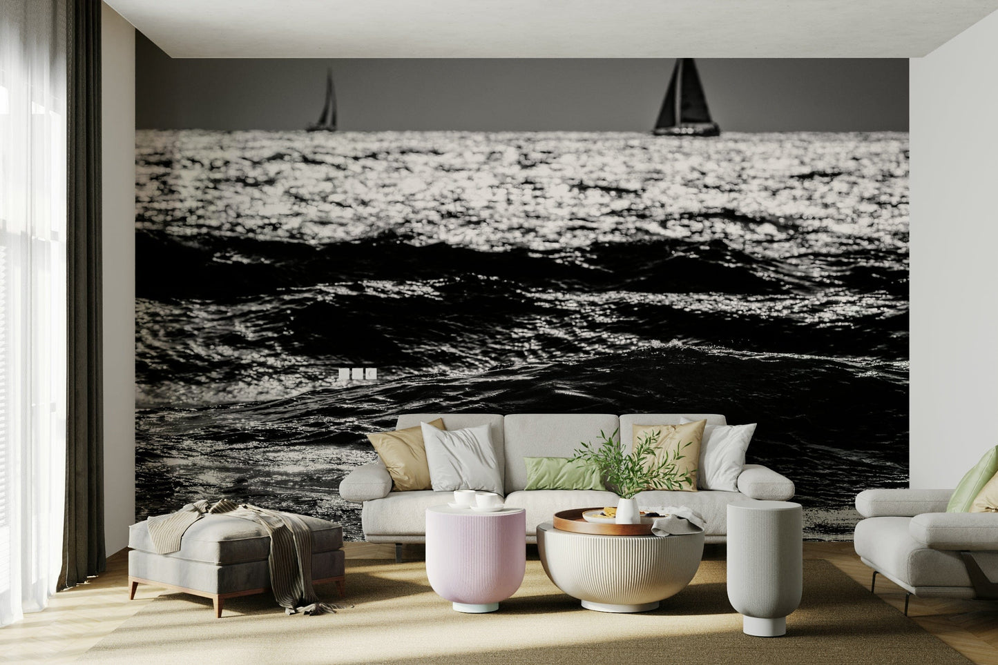 A peaceful coastal view mural on decorative wallpaper.

