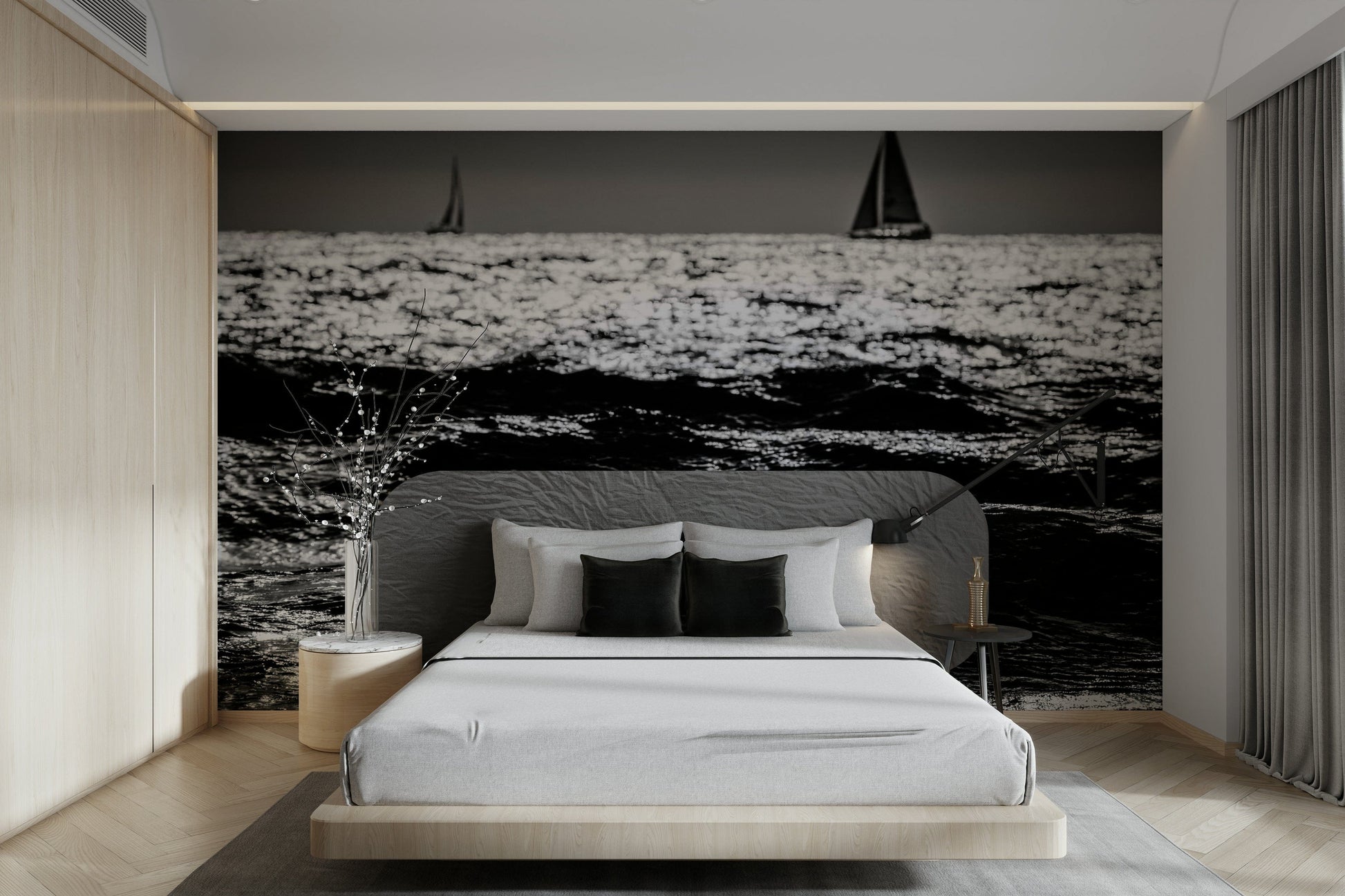 An artistic boat sailing mural on minimalist wallpaper.

