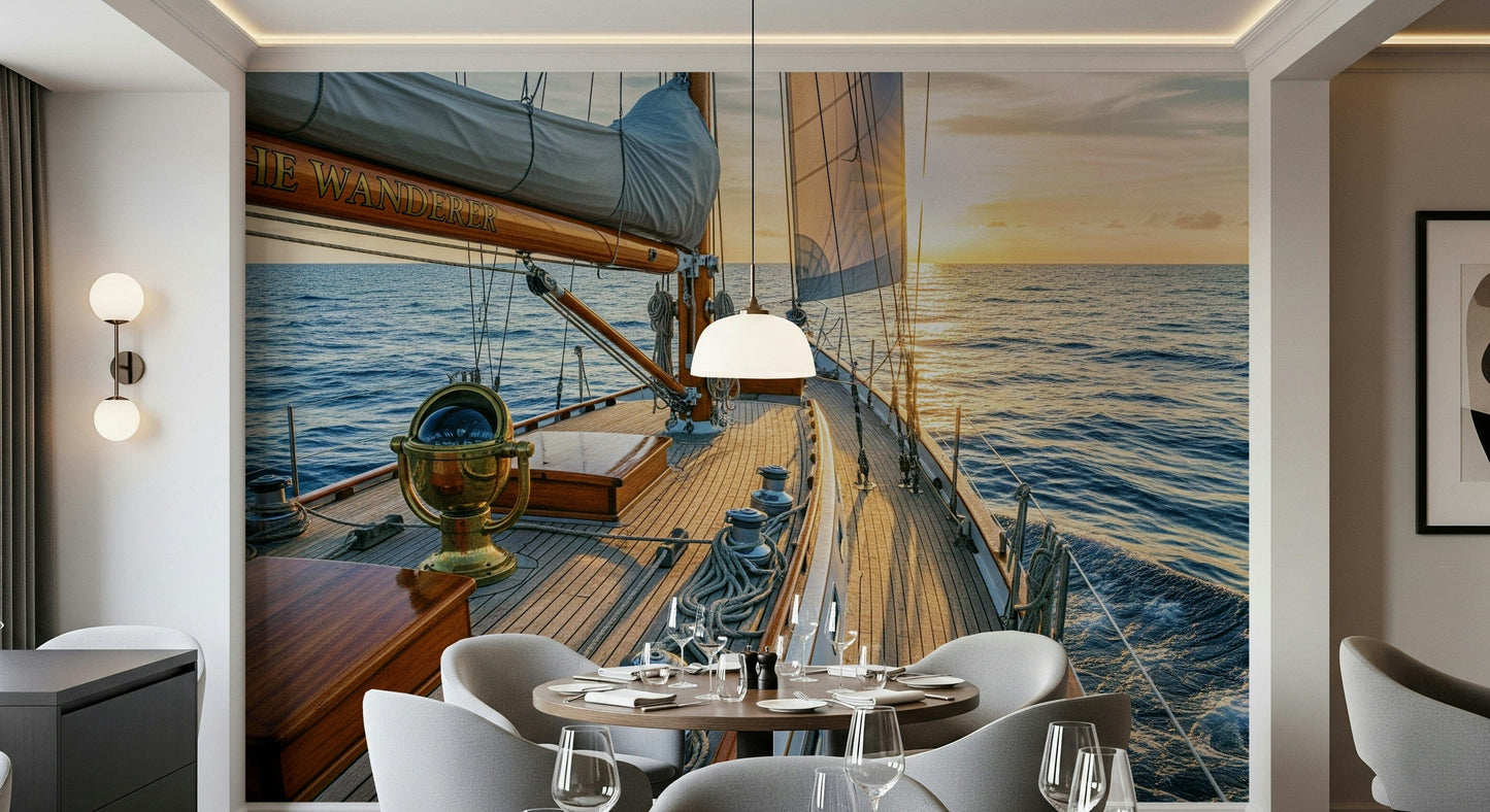 Ocean-themed mural for home office, peaceful sea view and nautical details