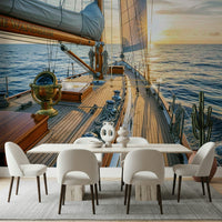 A Mariner's Dream Wall Mural in reading nook, serene sea tones and texture