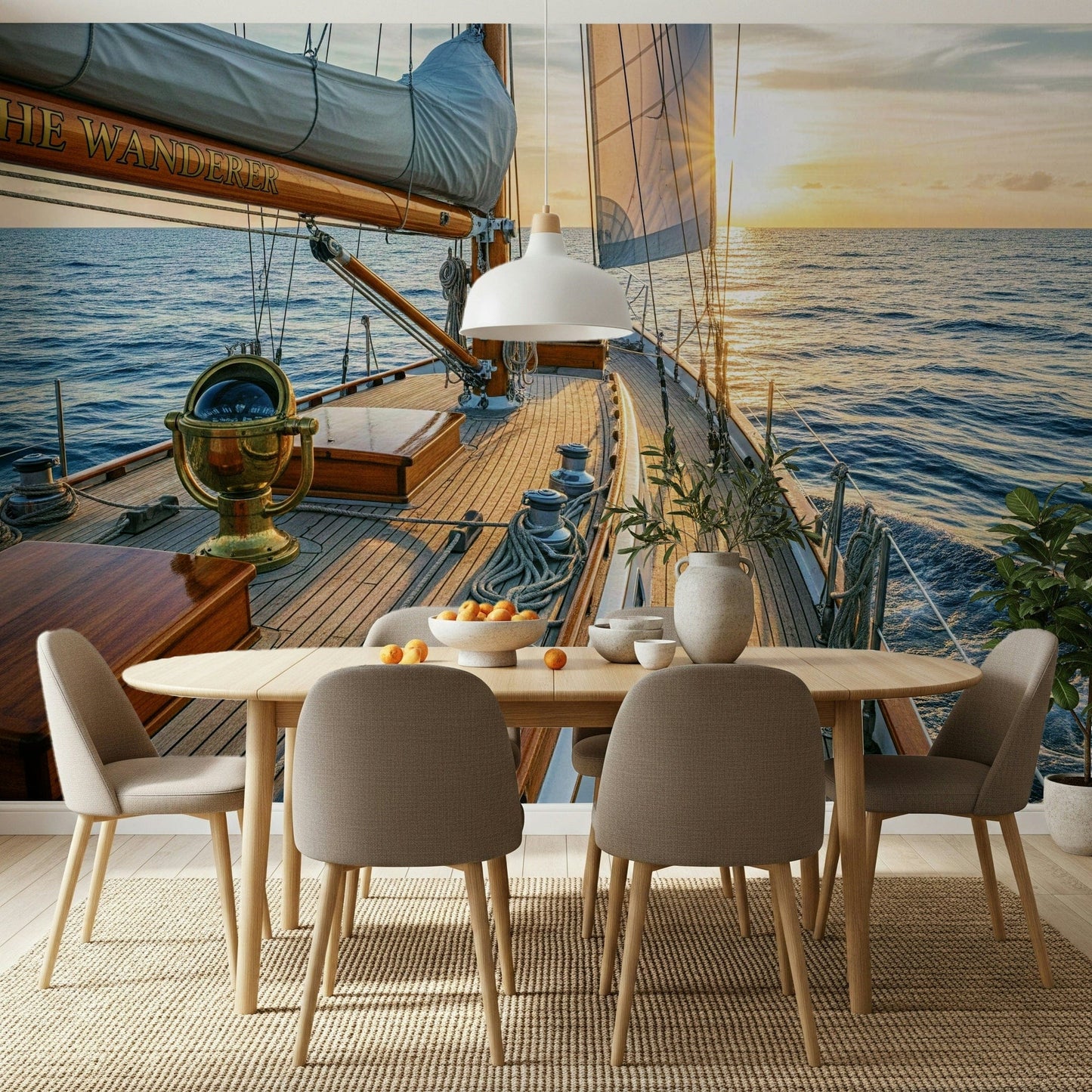 Sailboat silhouette wall mural in bedroom, soft blue water and misty sky