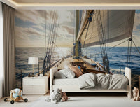 Sailboat horizon wall mural in dining area, modern coastal wall decor style