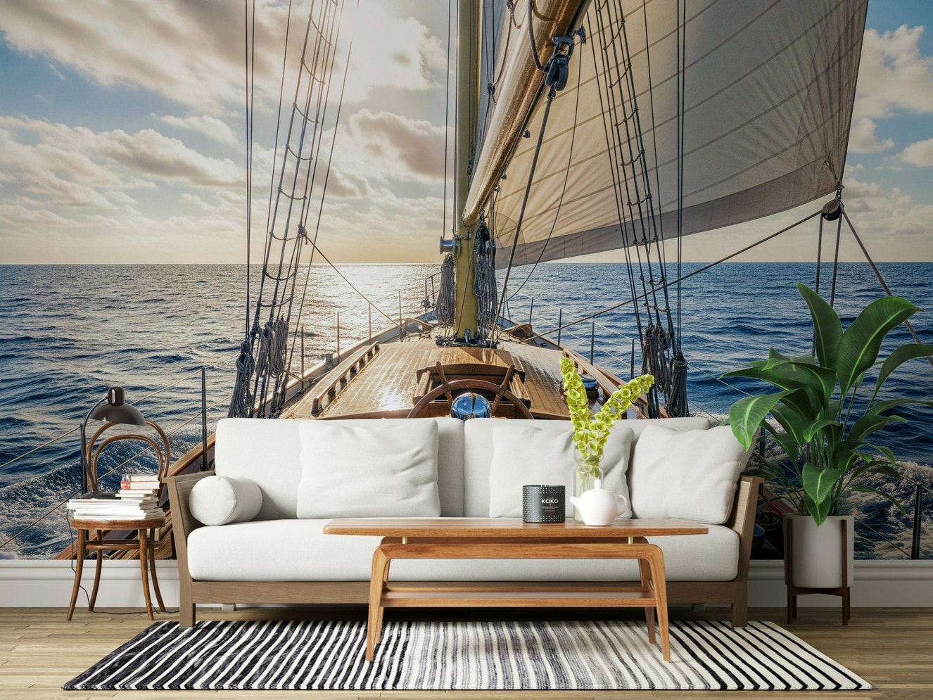 Sailing Away Wall Mural in modern living room, sailboat on calm sea feature wall