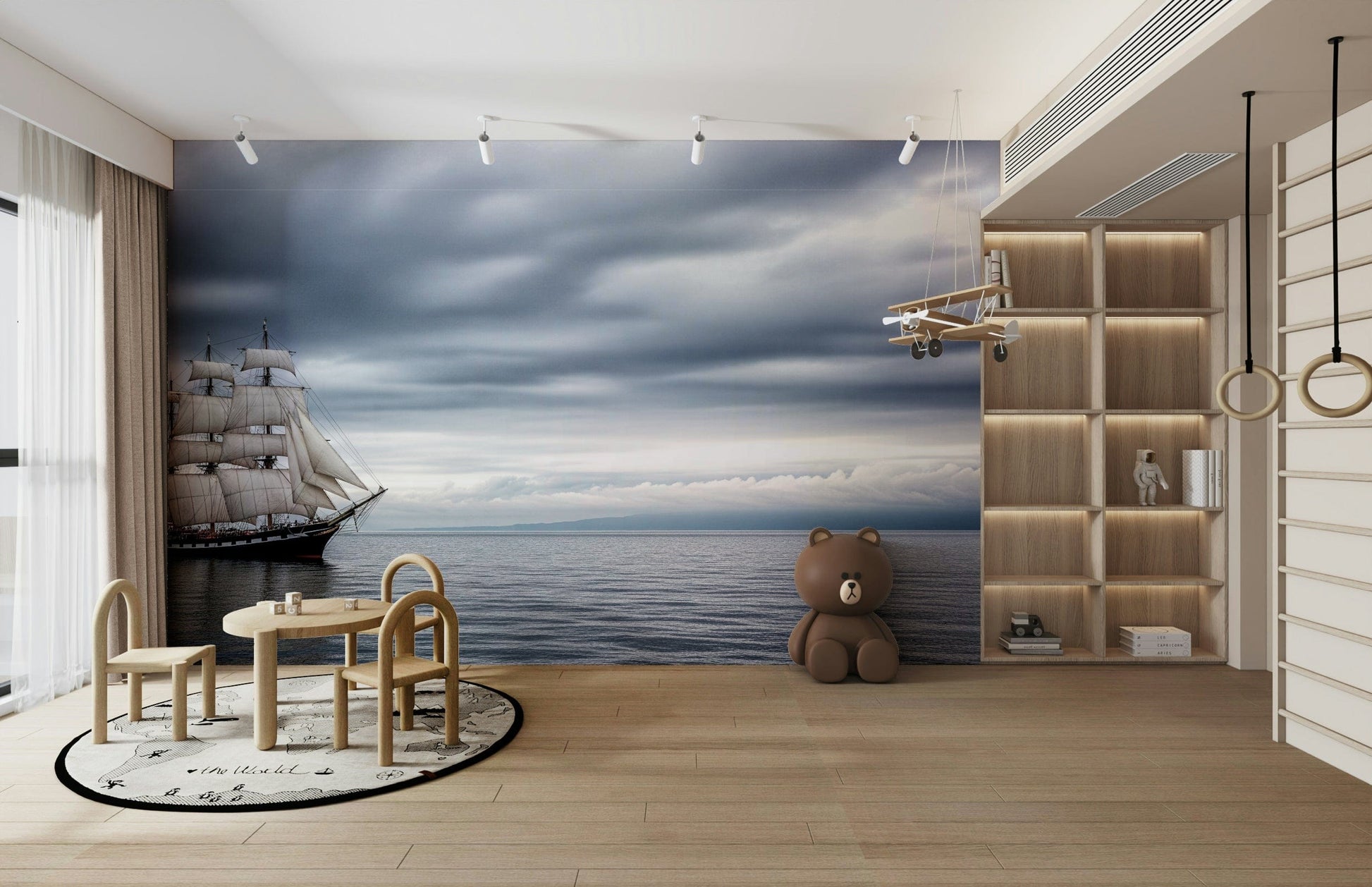 Close up of detailed hand-drawn sailing vessels on cream background wall decor.