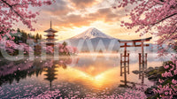 Vibrant pink sakura petals wall mural with a distant mountain silhouette.