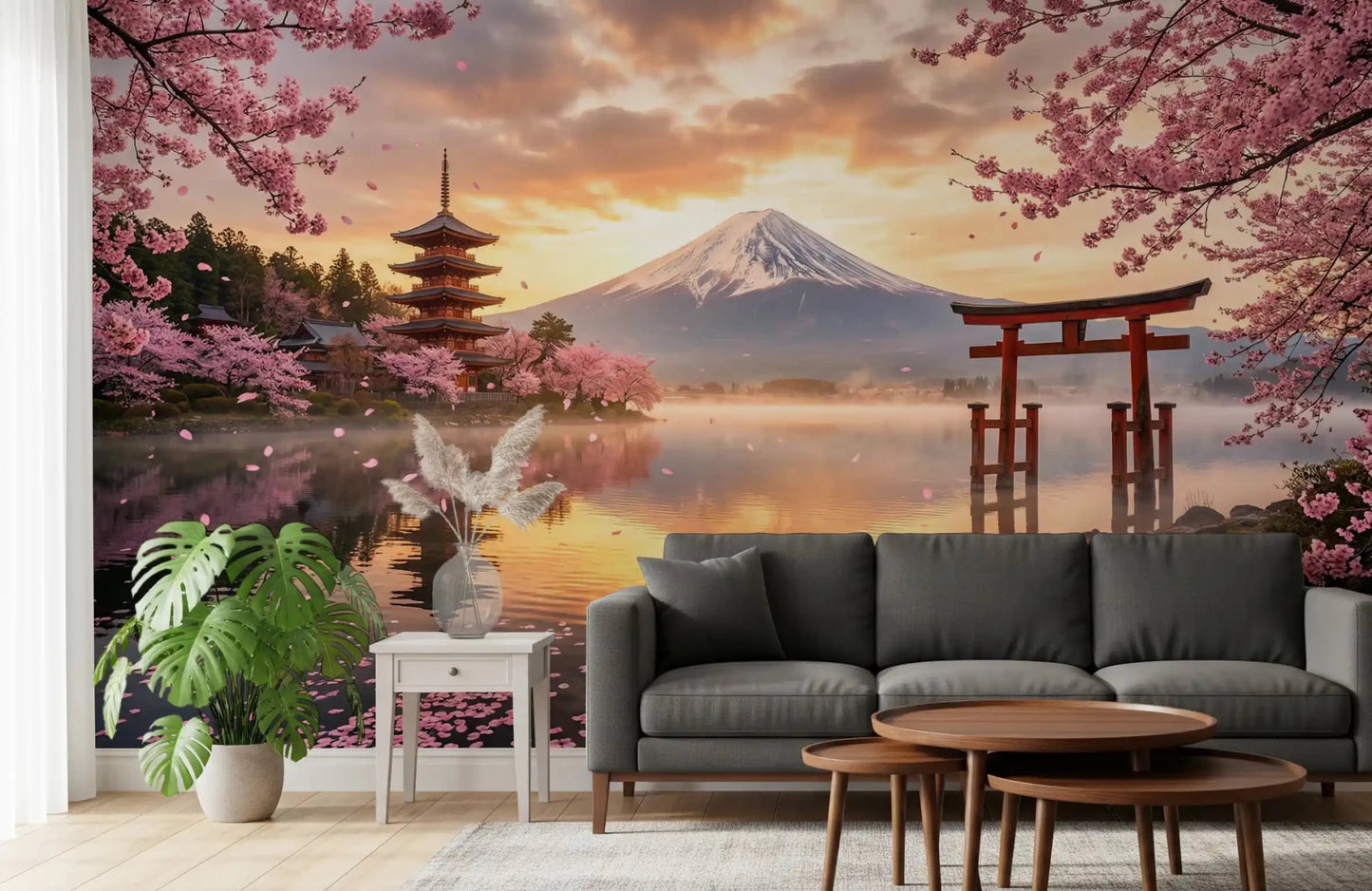 Floral Japanese scenery wall mural for a office with snow-capped mountain peak.