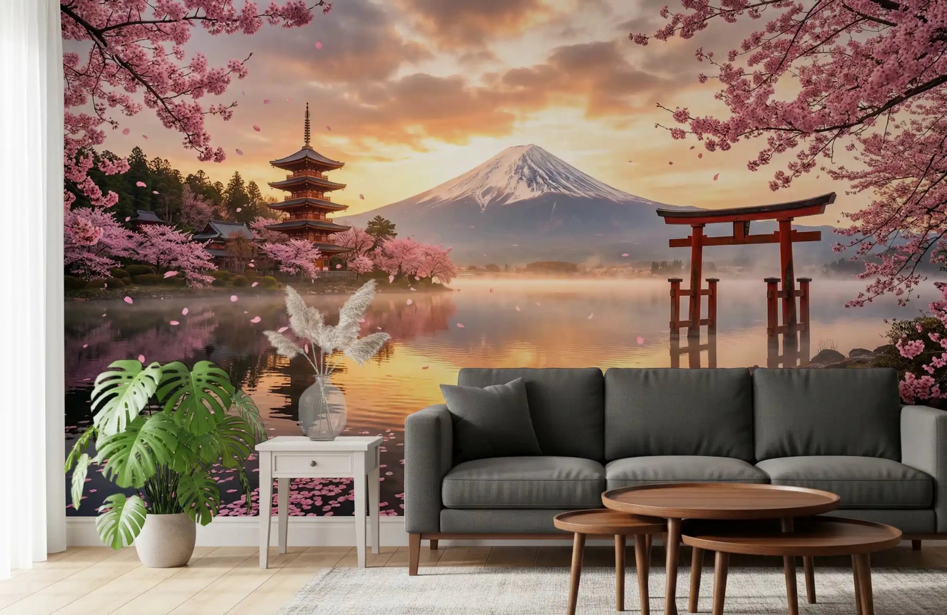 Floral Japanese scenery wall mural for a office with snow-capped mountain peak.
