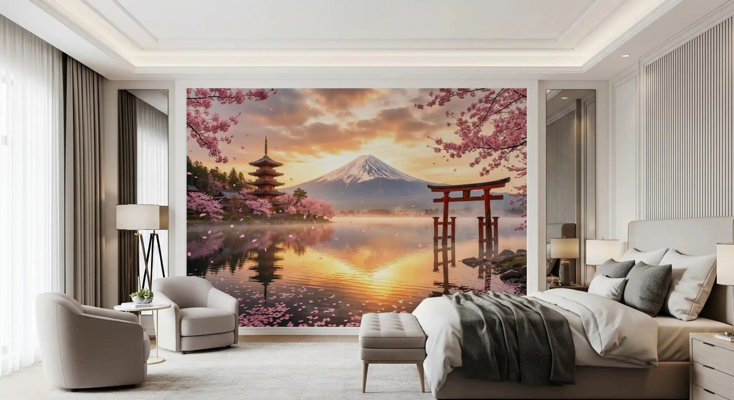 Detailed cherry blossom branches against a  Golden Hour wall mural for a bedroom.