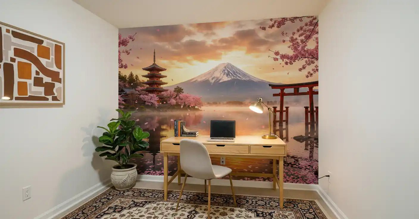 Peaceful Sakura Vista at Fuji's Golden Hour Wall Mural for study room.