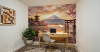 Peaceful Sakura Vista at Fuji's Golden Hour Wall Mural for study room.