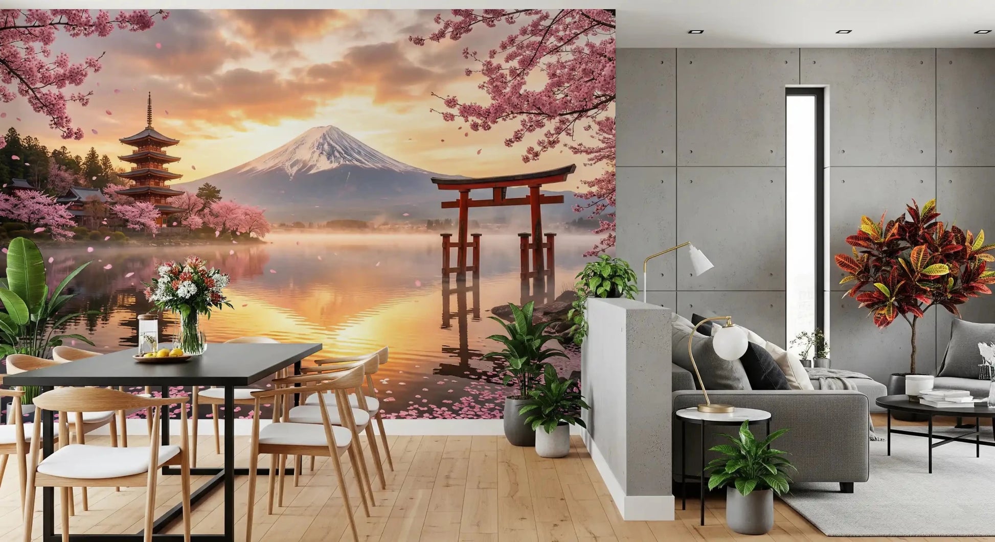 Large scale mountain Golden Hour vista wall mural with spring floral accents.