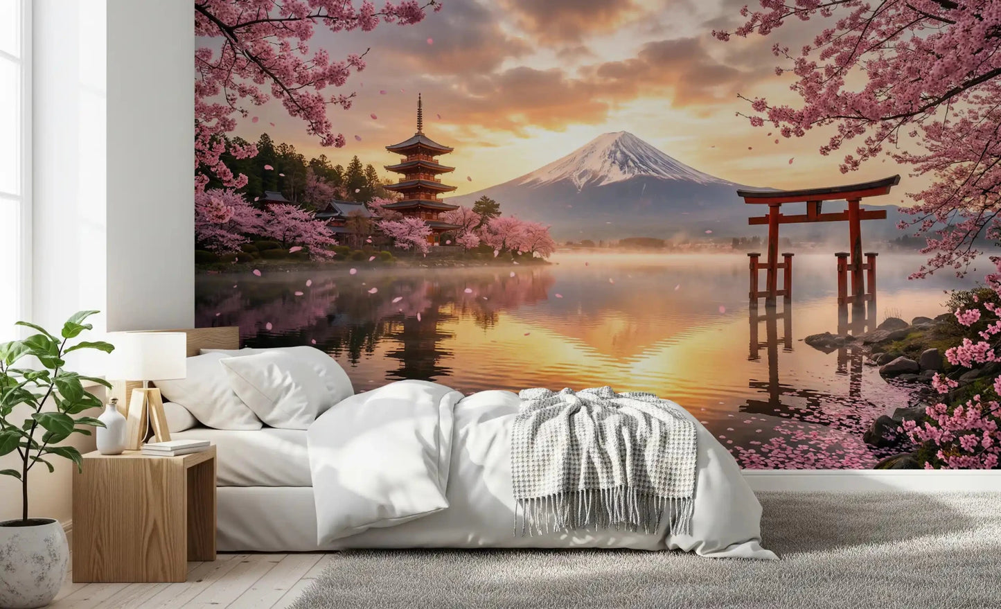 Minimalist Japanese sunset Sakura view  wall mural with cherry blossom details.
