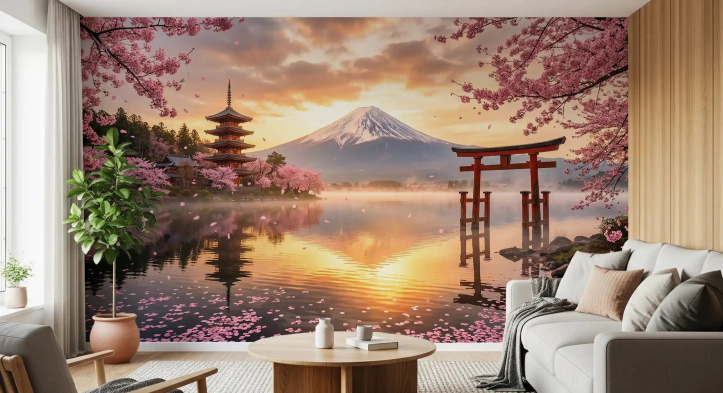 Sakura Vista at Fuji's Golden Hour Wall Mural with pink cherry blossoms.