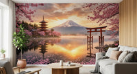 Sakura Vista at Fuji's Golden Hour Wall Mural with pink cherry blossoms.