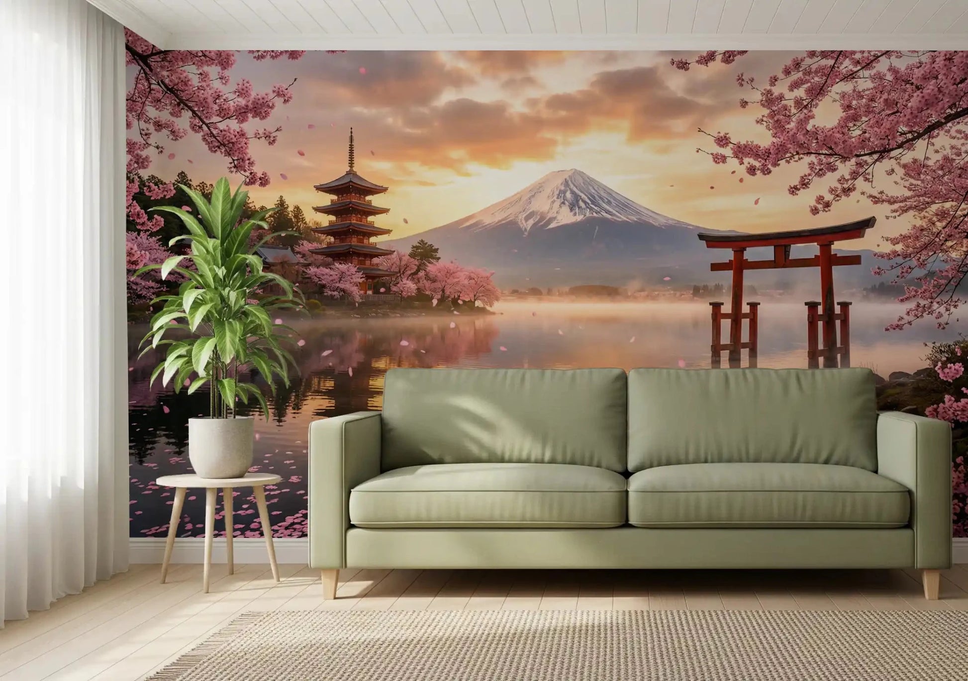 Mount Fuji landscape art in soft orange sunset tones wall mural for a hallway.