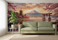 Mount Fuji landscape art in soft orange sunset tones wall mural for a hallway.