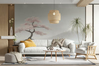 Living room wall covered in cherry blossom pattern

