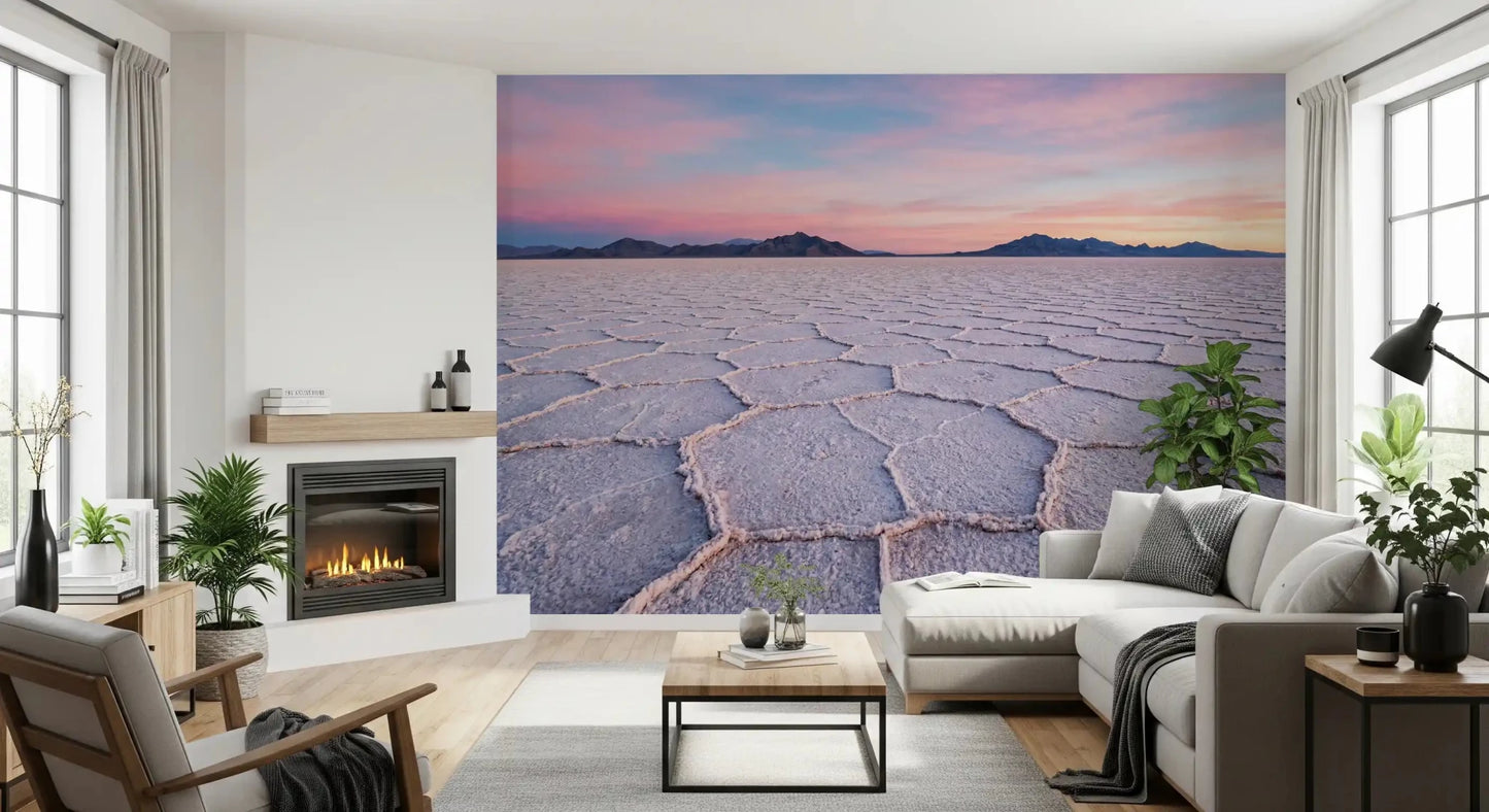 Matte finish wall mural of salt flats, ideal for modern living rooms.