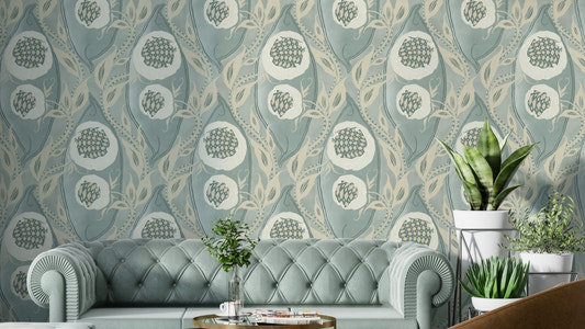 Intricate geometric home décor on a chimney breast feature wall in a sitting room.