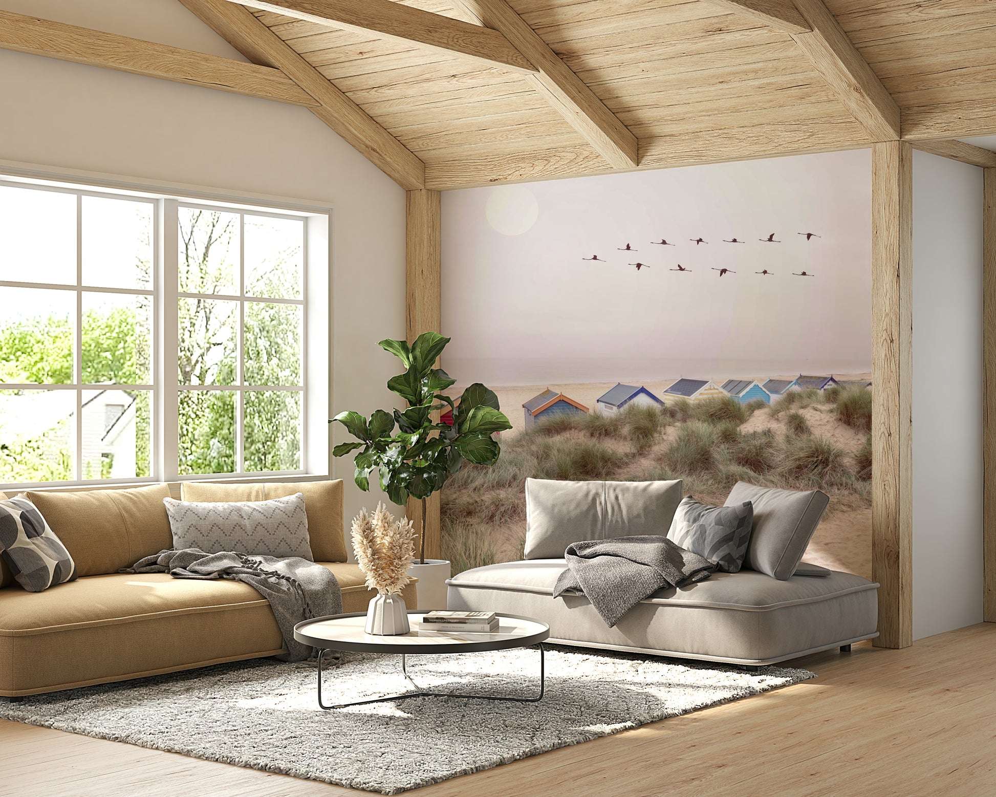 Serene beach scene mural featuring soft sands and ocean waves.

