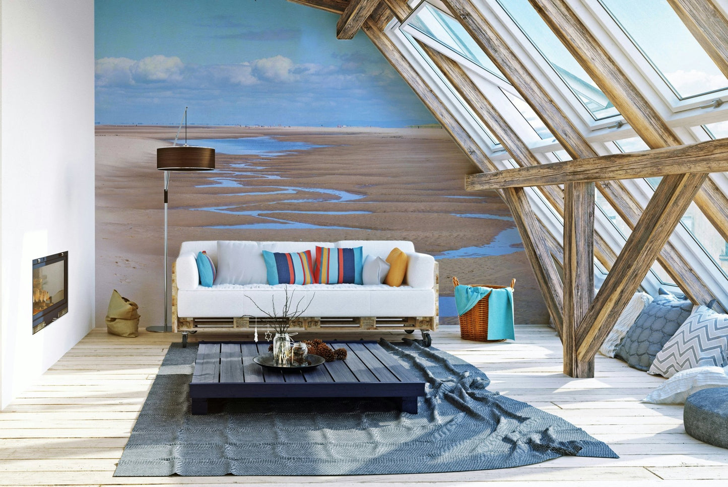 Open coastal mural design with soft browns and sky blues.

