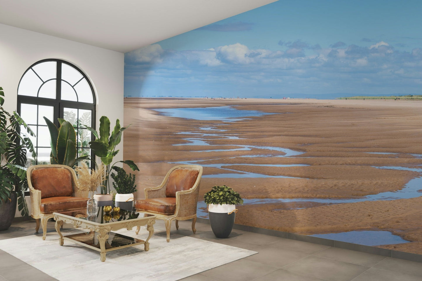 Coastal mural wallpaper showing wide sandbanks and sea reflections.

