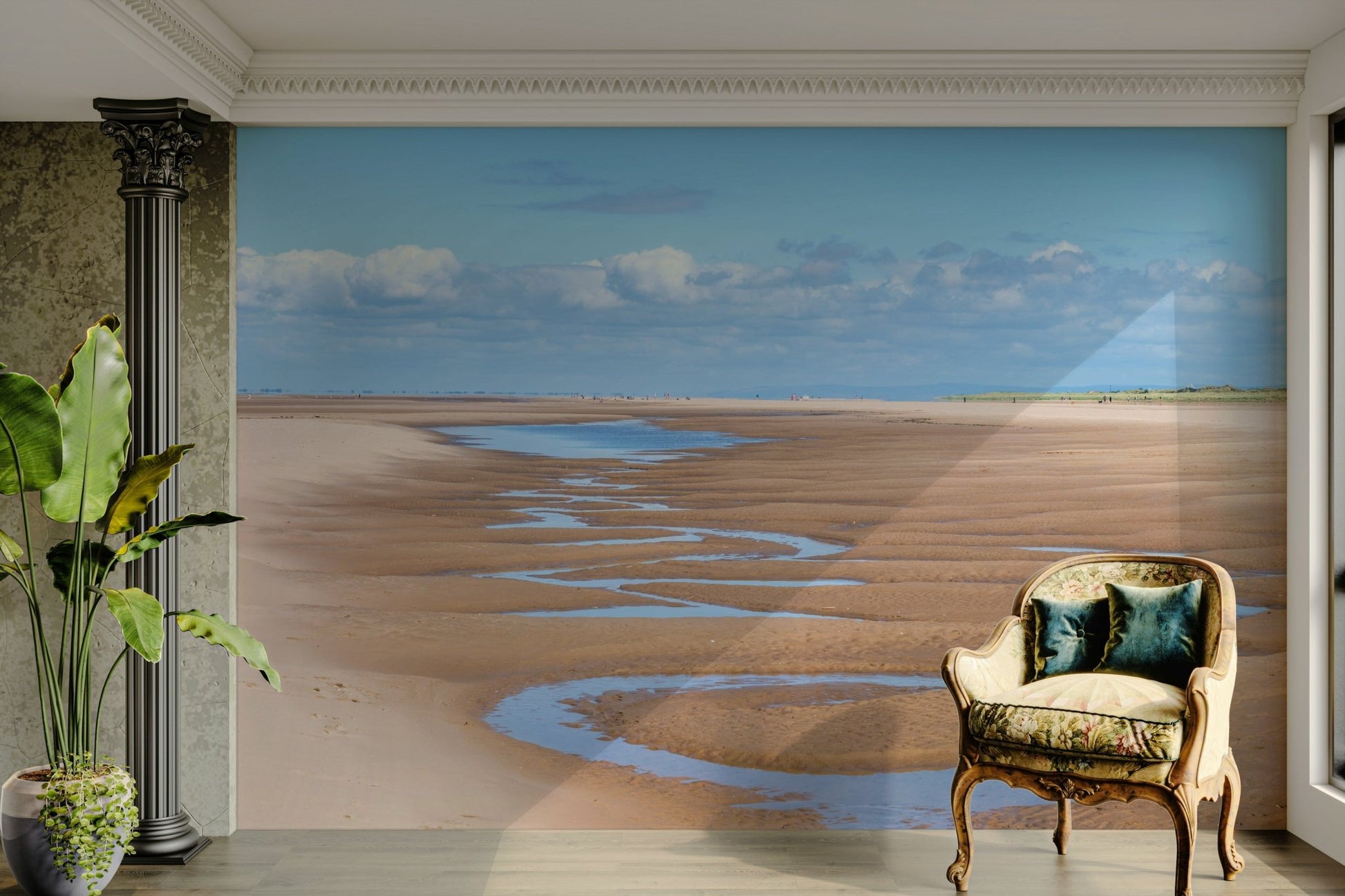 Sandy coastline mural featuring tidal patterns and open space.


