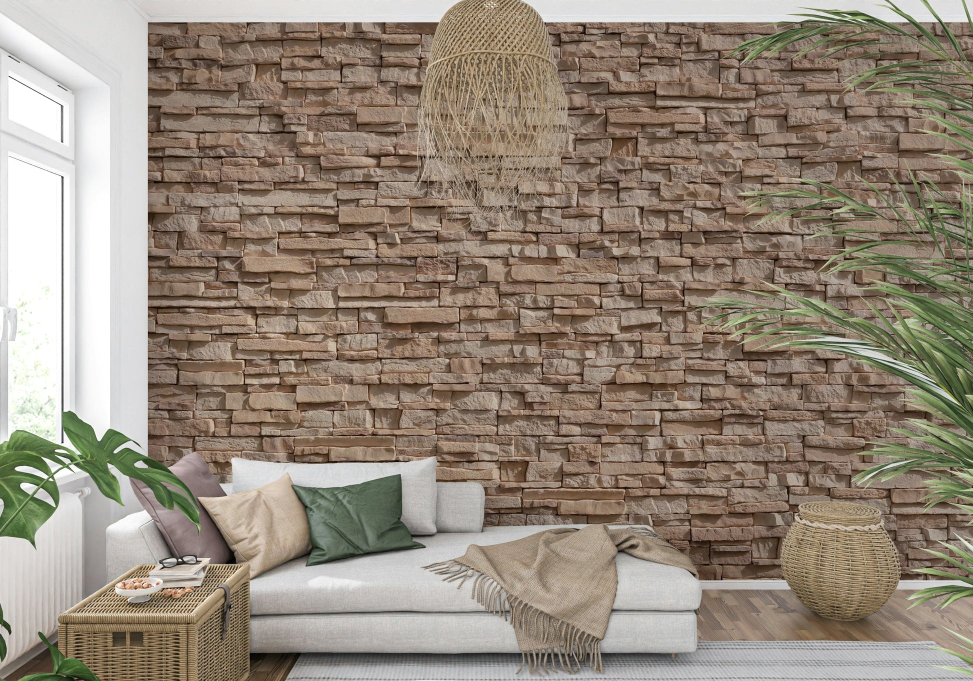 Decorative illusion wall mural featuring stacked stone textures to enhance rustic or contemporary interiors.