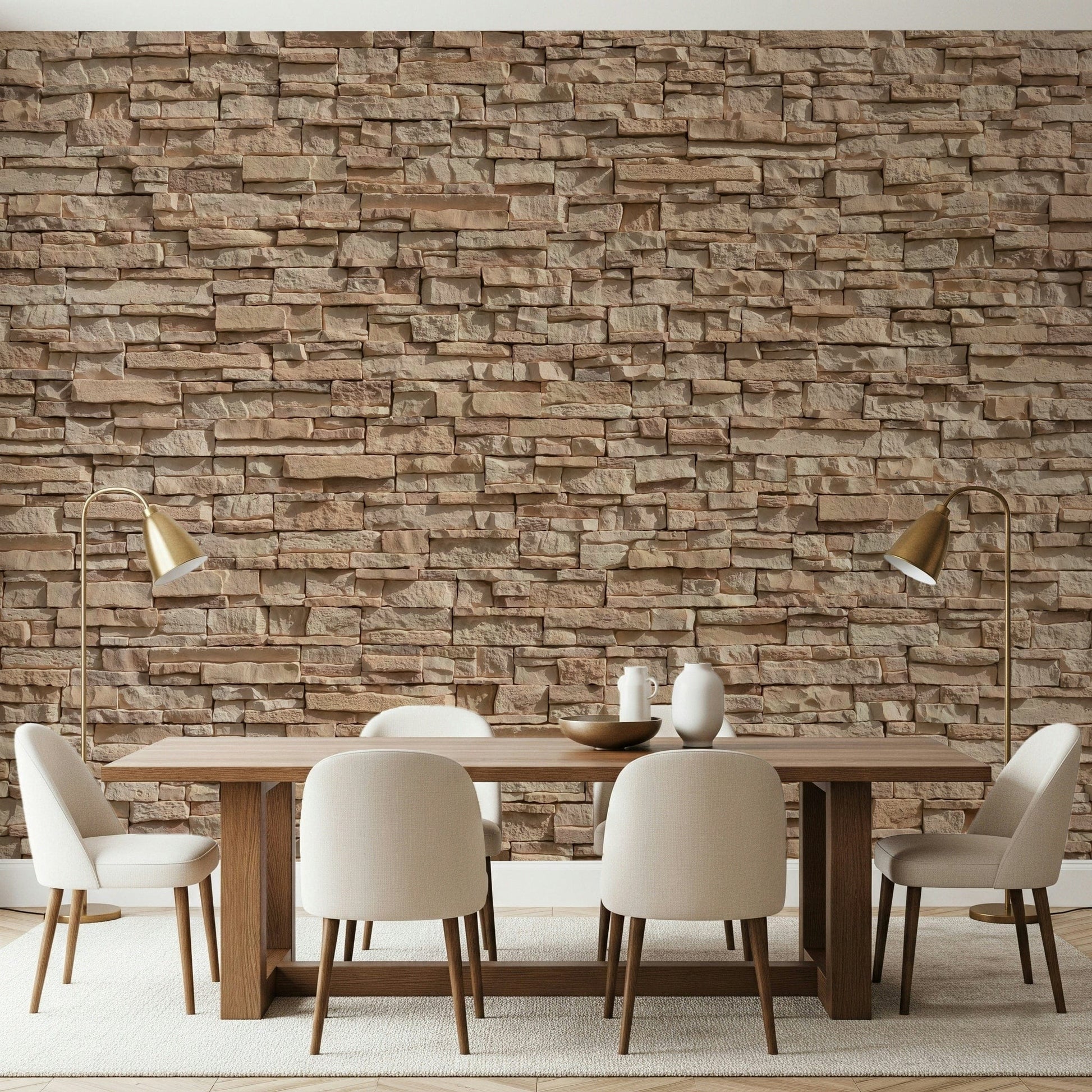 Rustic stone wall illusion mural with layered stone textures for lofts, offices, or modern homes.