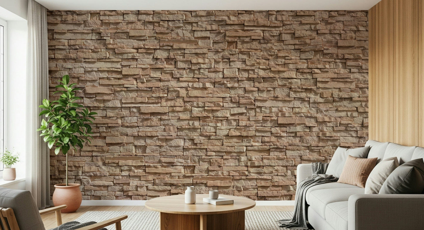 Stone Cladding Illusion Wall Mural featuring realistic layered stone textures for a 3D accent wall effect.