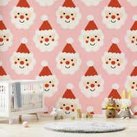 A festive wallpaper pattern with repeating cartoon Santa smiles in warm, cheerful colors.