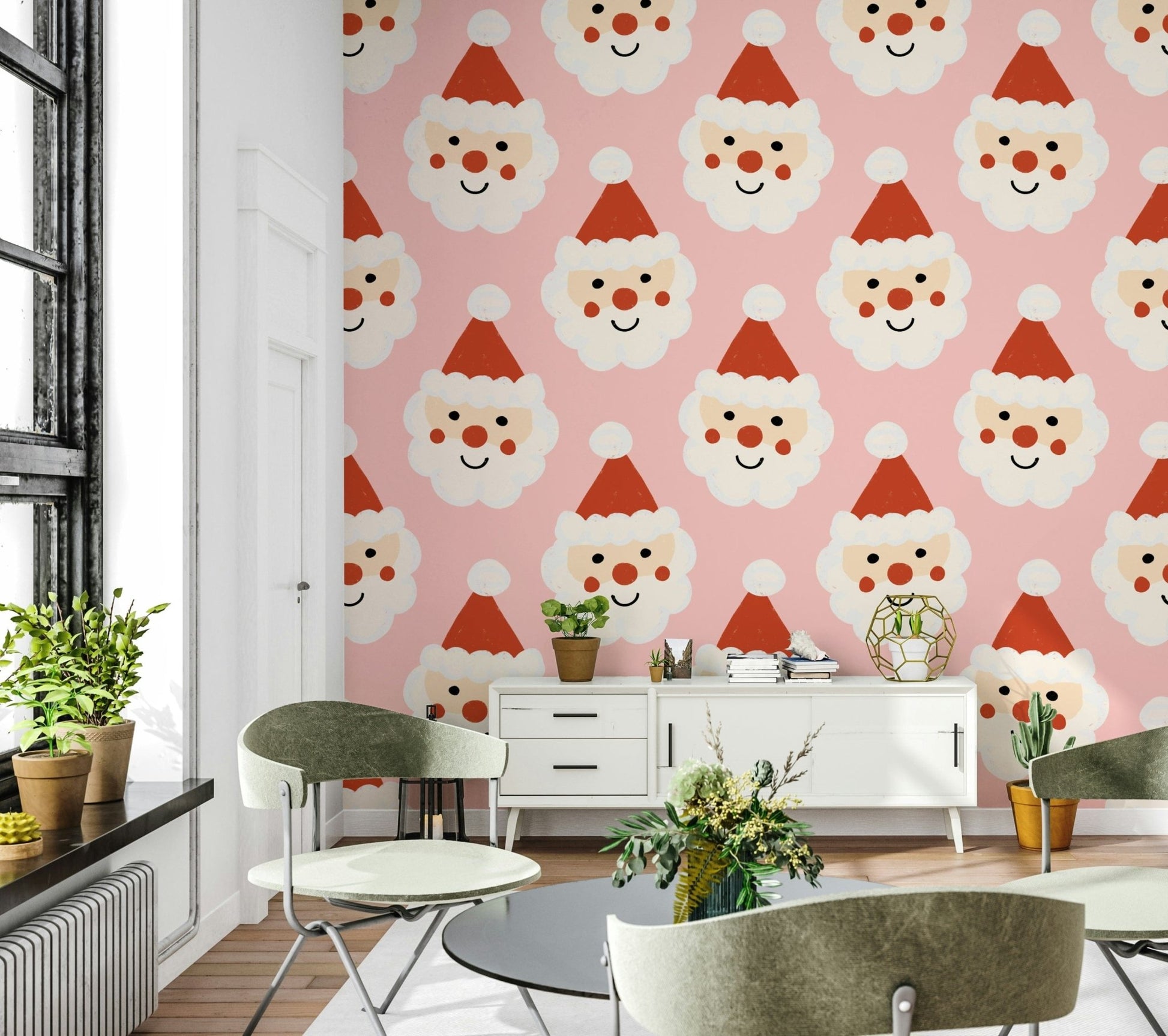 A bright and merry Santa smiles wallpaper with repeating jolly faces and classic red hats.