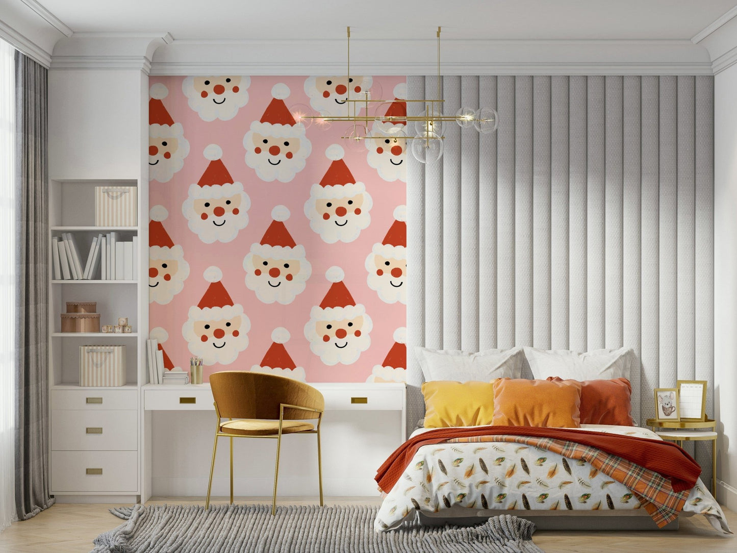 Festive Santa illustrations with rosy noses creating a cheerful holiday wallpaper design.