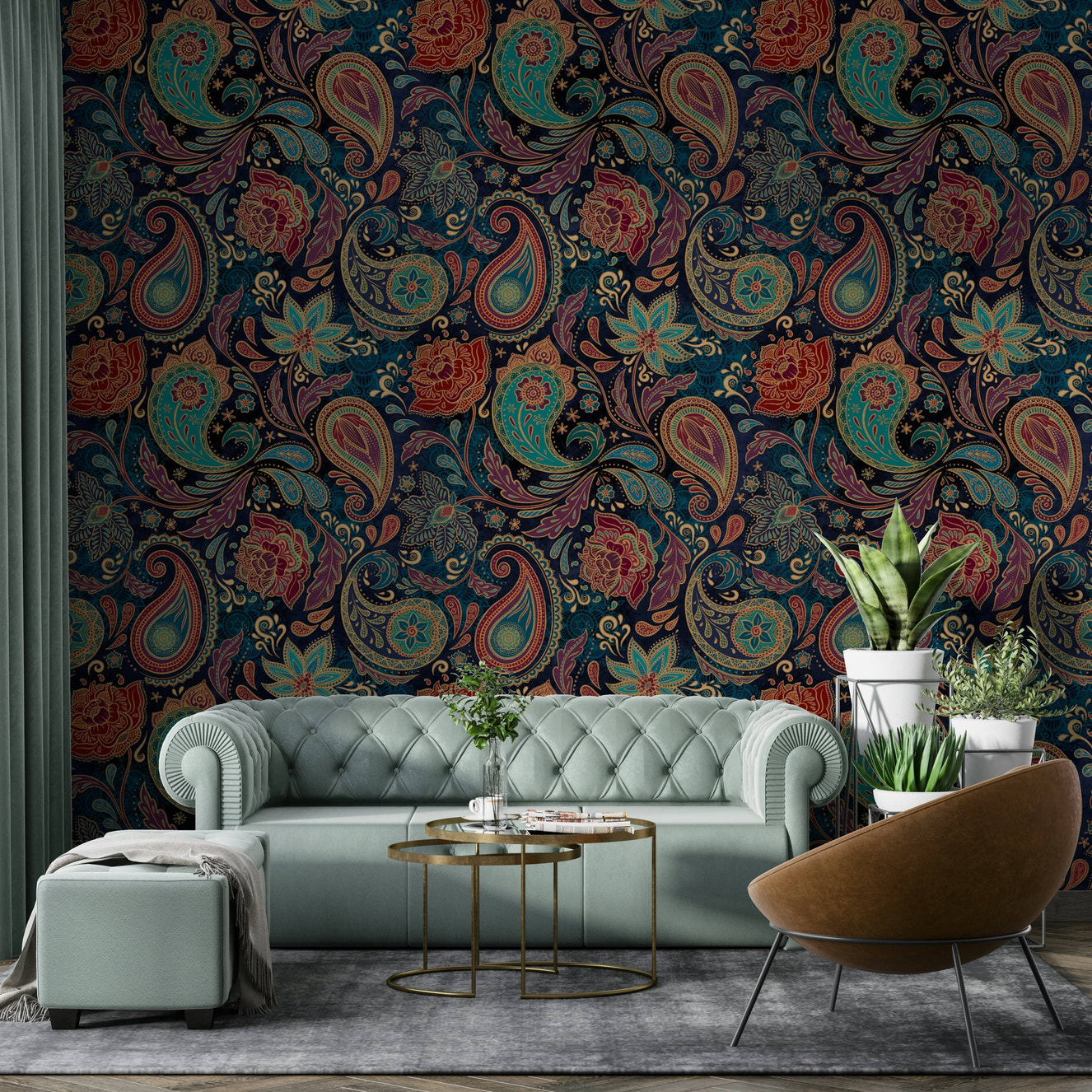 This wallpaper is suitable for a living room, a bedroom, or an elegant study.

