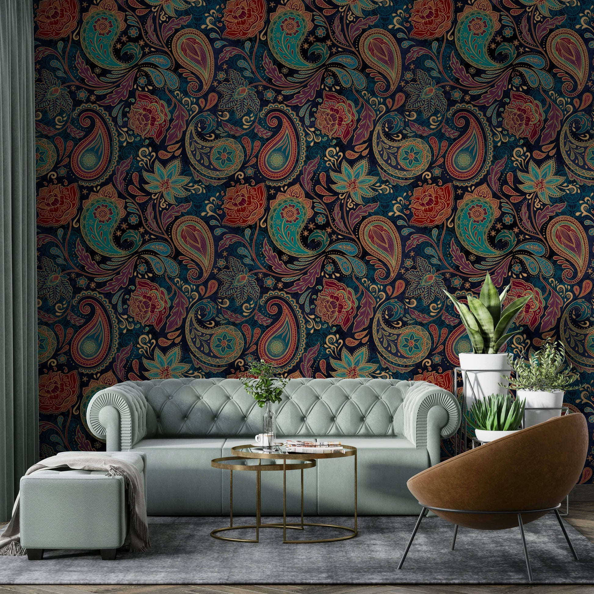 This wallpaper is suitable for a living room, a bedroom, or an elegant study.
