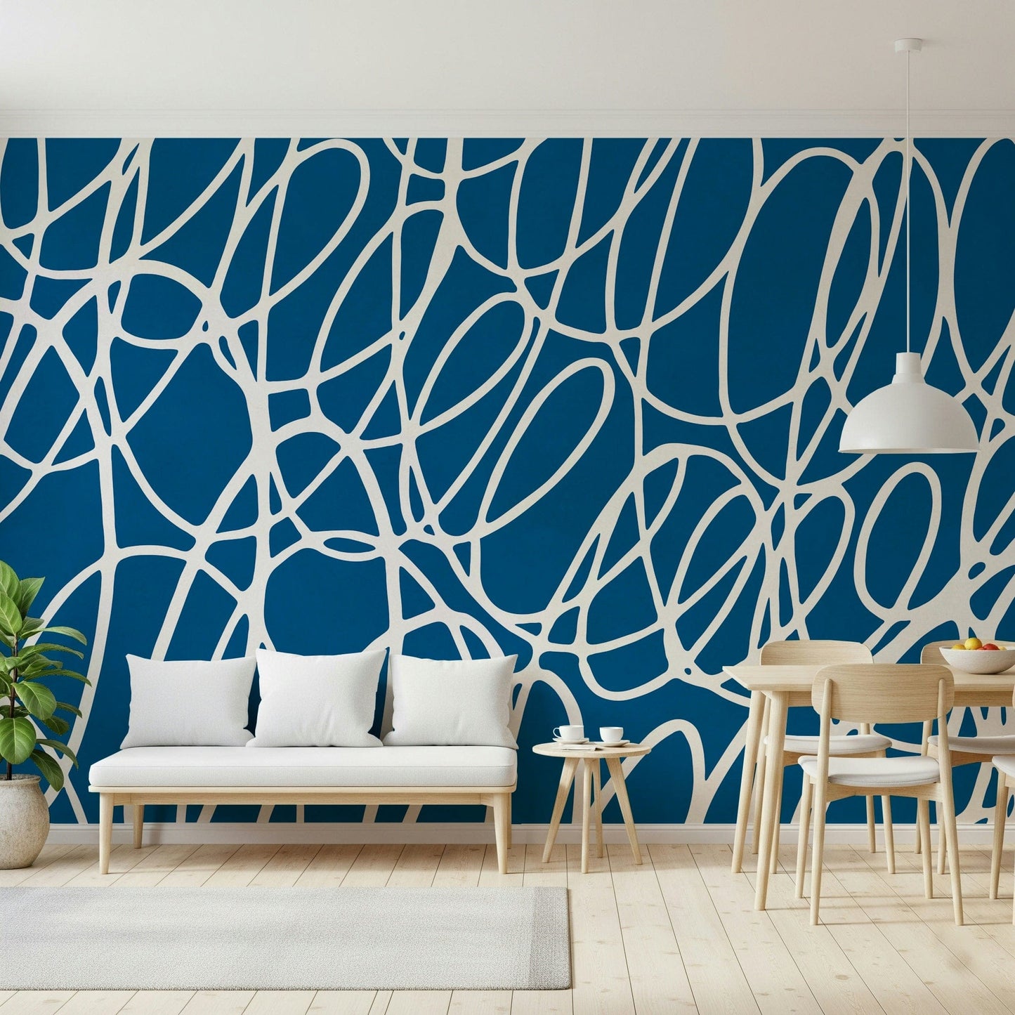 Modern Sapphire Scribbles wallpaper featuring energetic, continuous loop lines.