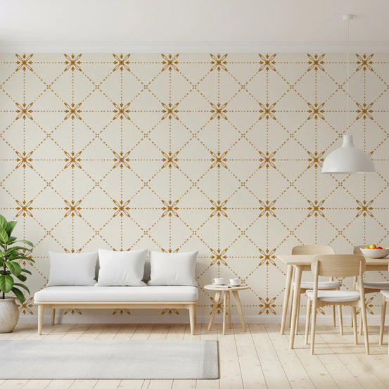 Sashiko Hana - Goshi - Latticed Flower Stitch Gold Wallpaper⁠