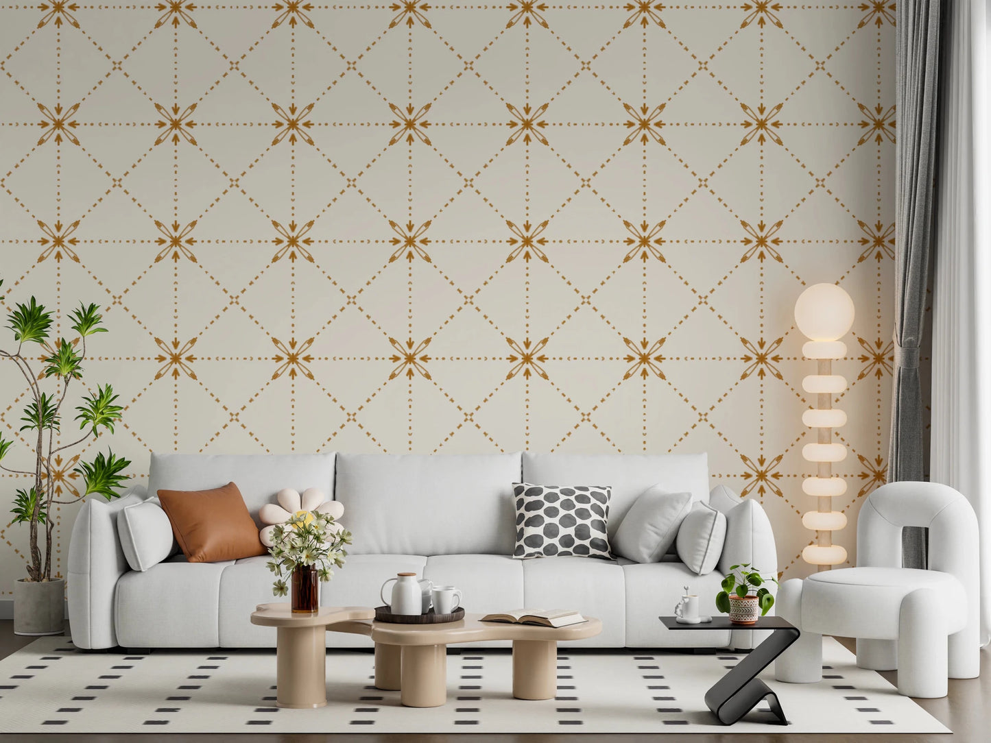 Sashiko Hana - Goshi - Latticed Flower Stitch Gold Wallpaper⁠